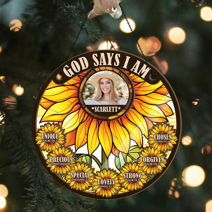 God Says I am Sunflower | Personalized Window Hanging Suncatcher JSWHSCHLT1617M