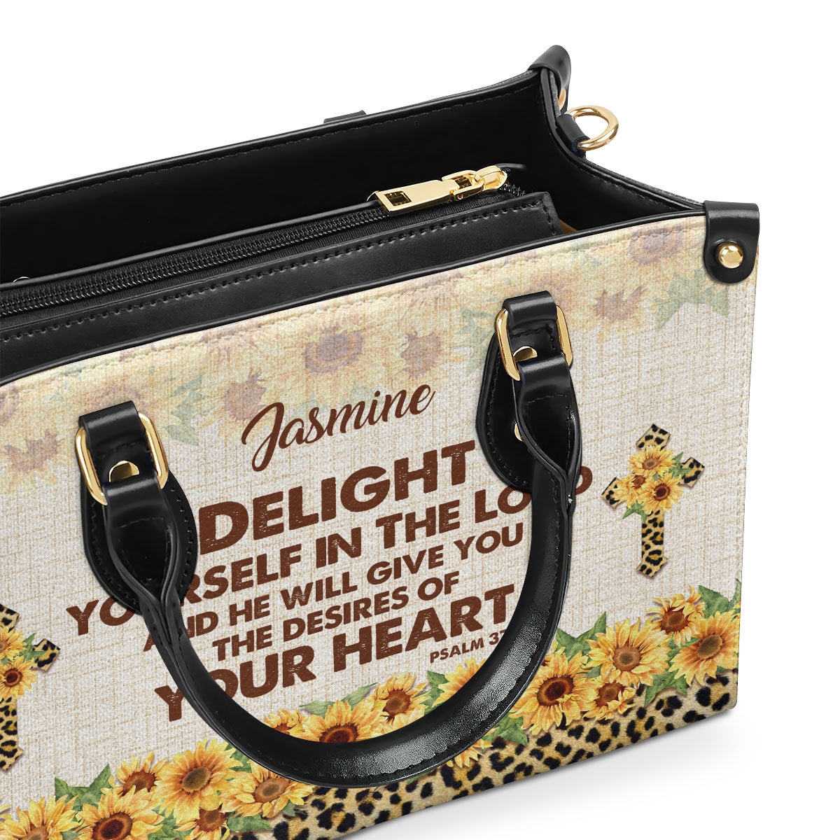 Jesuspirit | Personalized Leather Handbag With Handle | Delight Yourself In The Lord | Psalm 37:4 | Sunflower And Cross HN152