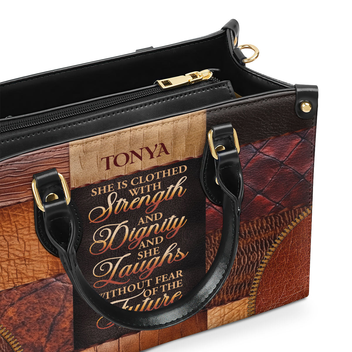 Jesuspirit | Personalized Leather Handbag With Zipper | She Is Clothed With Strength And Dignity And She Laughs Without Fear Of The Future LHBM790
