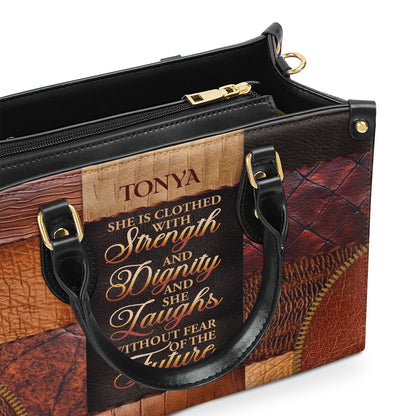 Jesuspirit | Personalized Leather Handbag With Zipper | She Is Clothed With Strength And Dignity And She Laughs Without Fear Of The Future LHBM790