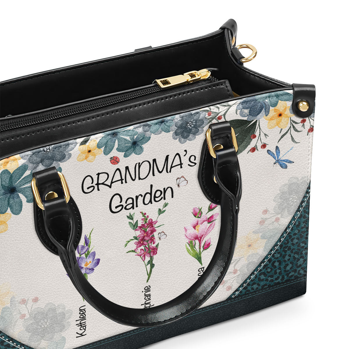 Grandma's Garden | Personalized Leather Handbag With Zipper LHBHN04