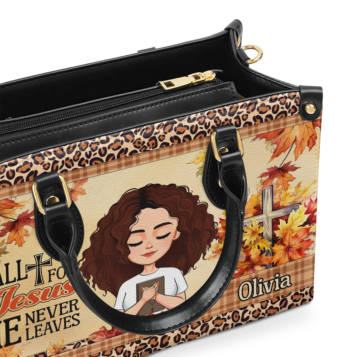 Fall For Jesus He Never Leaves | Personalized Leather Handbag JSLHBPT1276TA