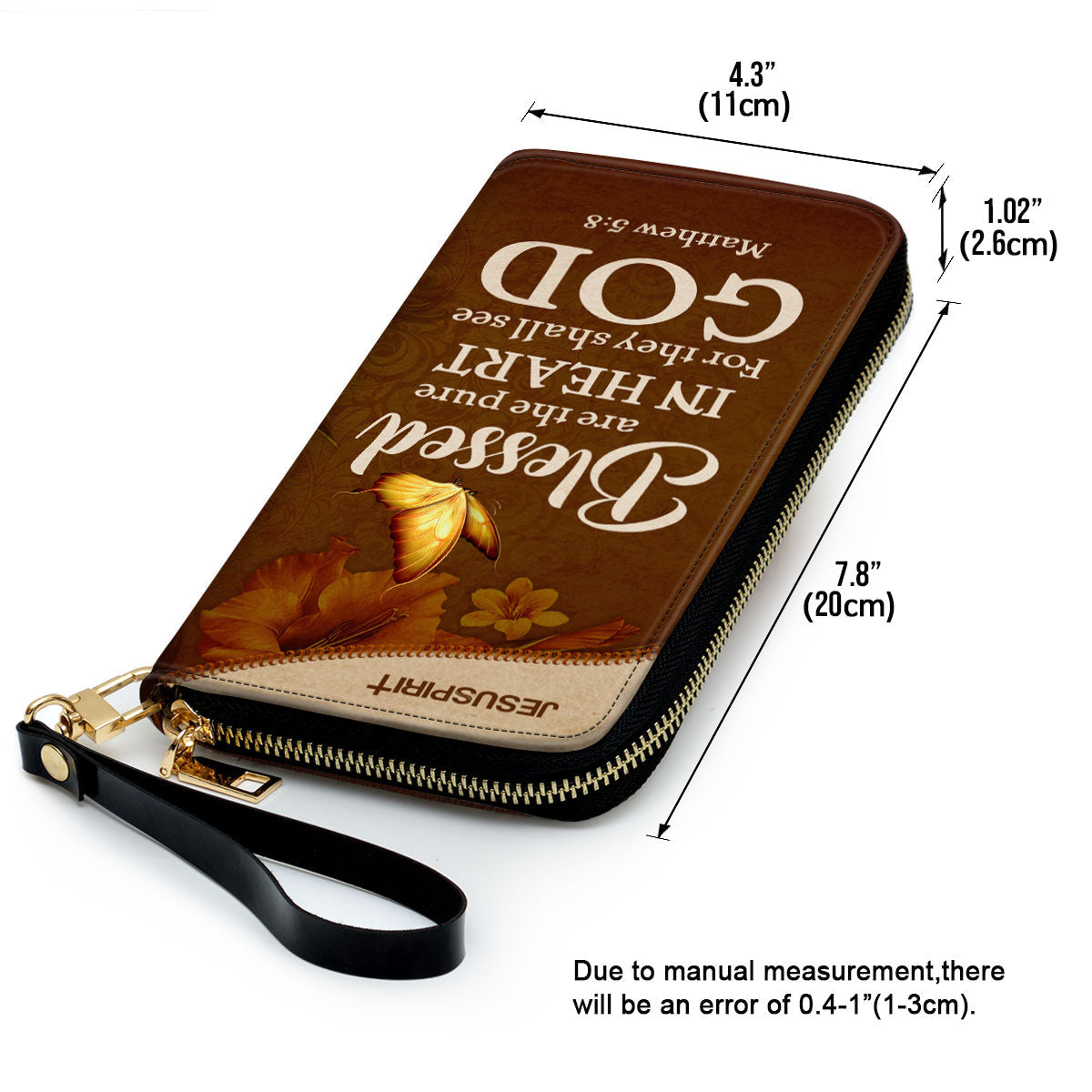 Jesuspirit | Matthew 5:8 | Blessed Are The Pure In Heart | Gifts For Christian Women | Personalized Zippered Leather Clutch Purse CPHN609B