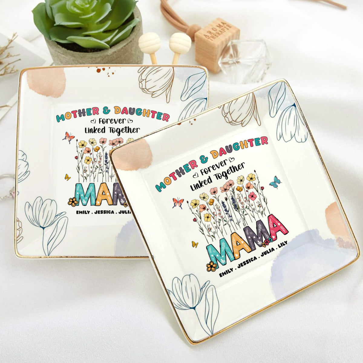 Mother & Daughters Forever Linked Together | Personalized Ceramic Ring Dish Square