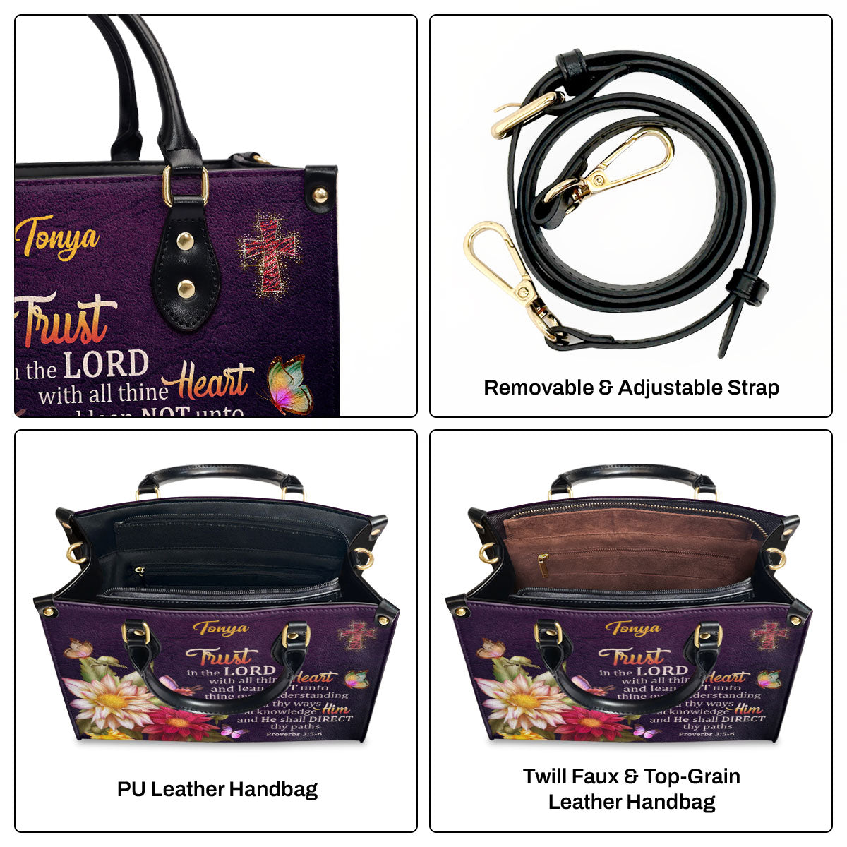 Jesuspirit | Proverbs 3:5-6 | Trust In The Lord With All Thine Heart | Flower And Cross | Personalized Leather Handbag LHBM677