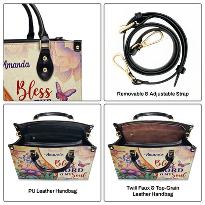 Jesuspirit | Bless The Lord O My Soul | Psalm 103:1 | Personalized Leather Handbag With Handle | Flower And Butterfly LHBM678