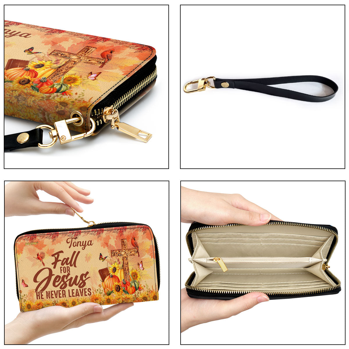 Personalized Leather Clutch Purse | Fall For Jesus He Never Leaves