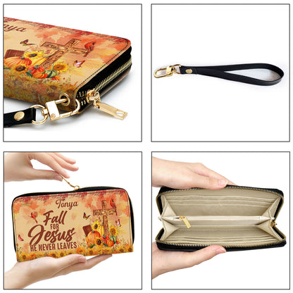 Personalized Leather Clutch Purse | Fall For Jesus He Never Leaves