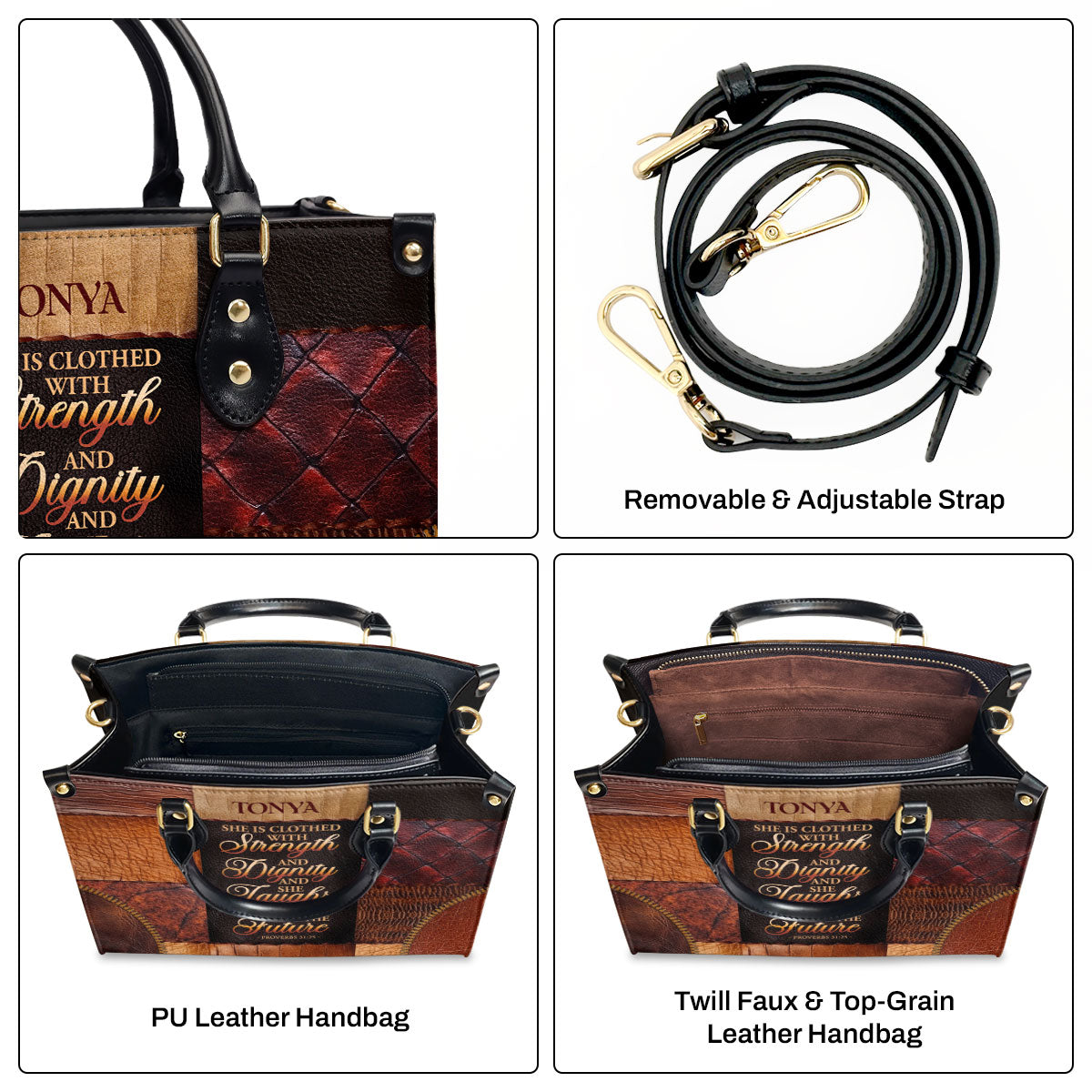 Jesuspirit | Personalized Leather Handbag With Zipper | She Is Clothed With Strength And Dignity And She Laughs Without Fear Of The Future LHBM790