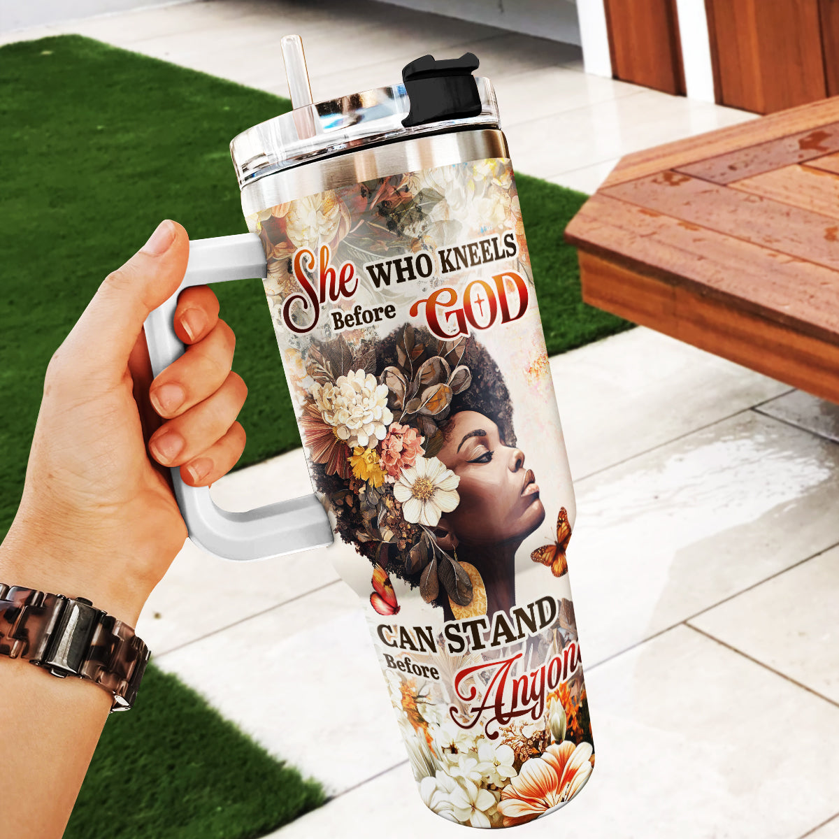 She Who Kneels Before God Can Stand Before Anyone | Personalized Stainless Steel Tumbler