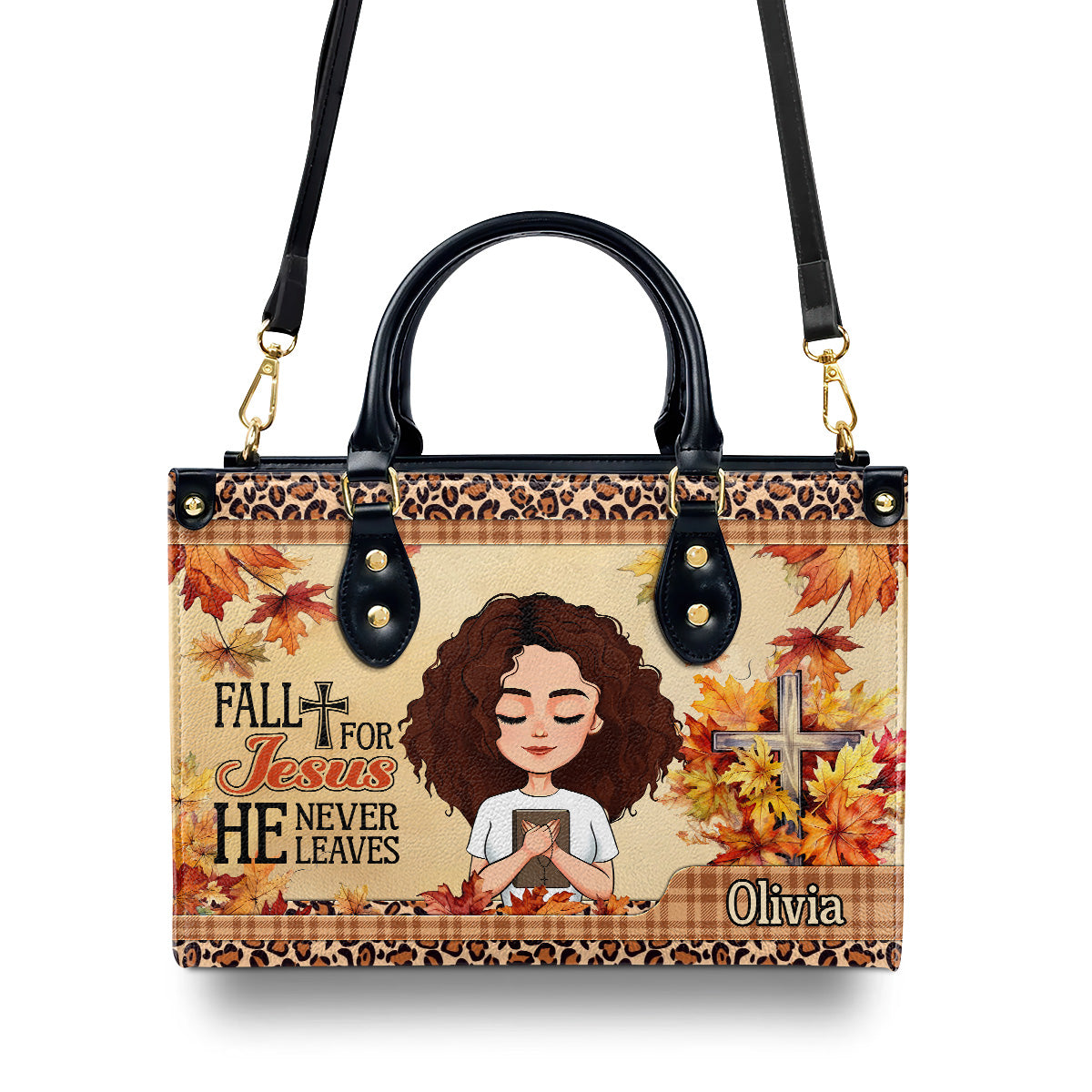 Fall For Jesus He Never Leaves | Personalized Leather Handbag JSLHBPT1276TA