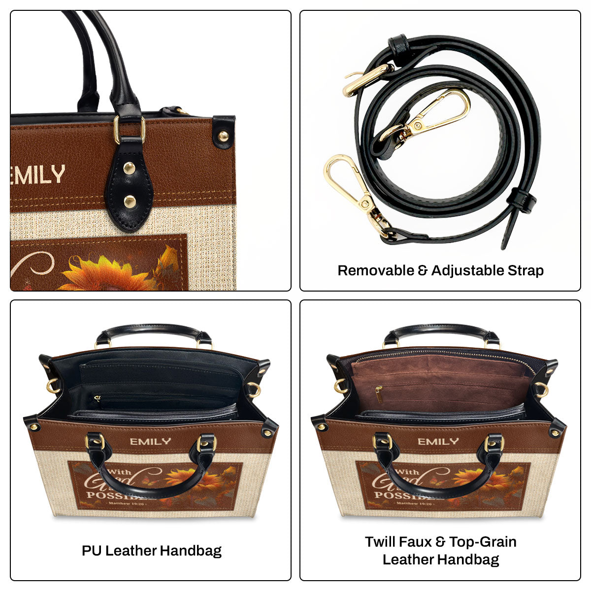 Jesuspirit | Personalized Leather Handbag With Zipper | With God All Things Are Possible LHBM786
