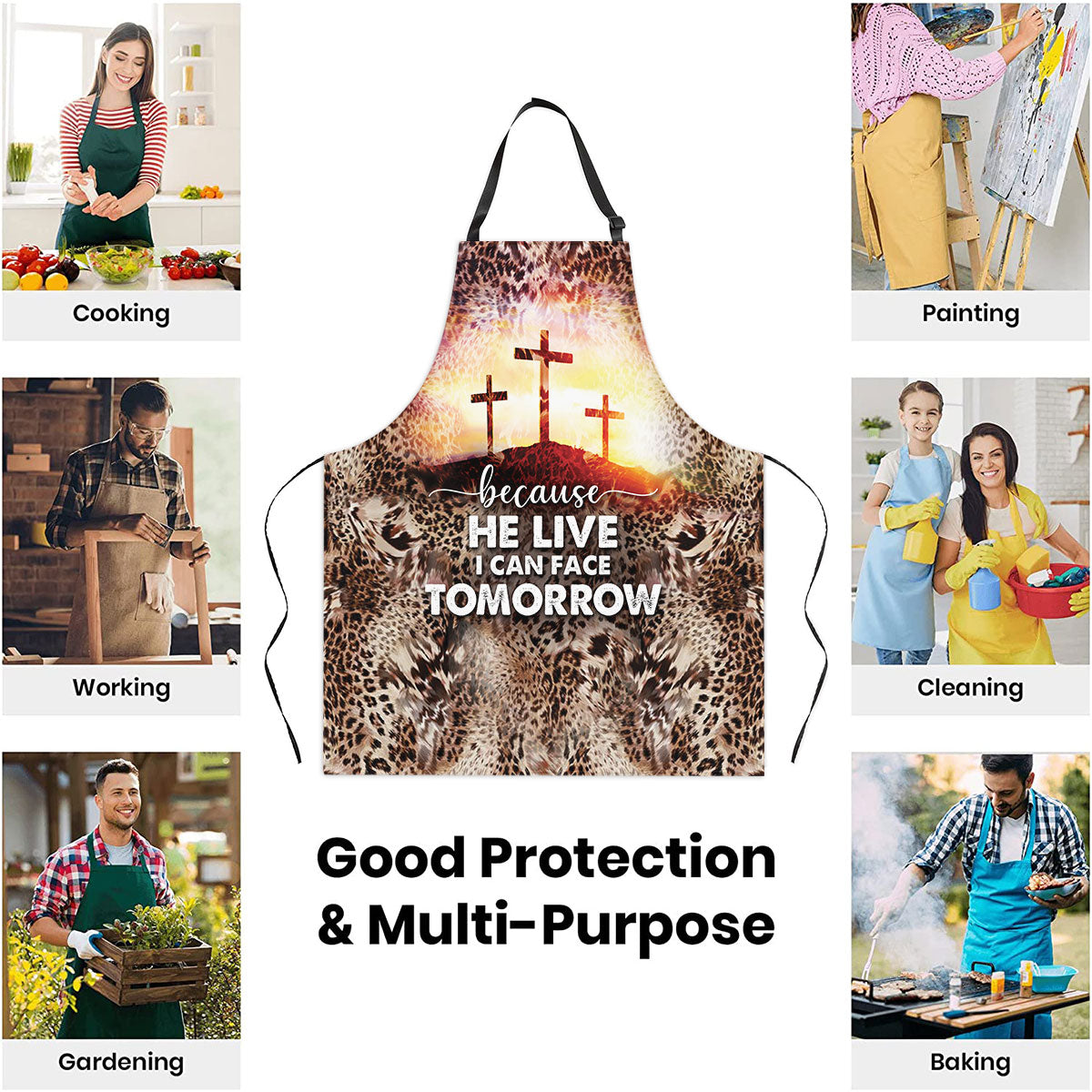 Jesuspirit | Religious Gift For Christians | Leopard Pattern And Cross | Because He Lives I Can Face Tomorrow | Apron With Neck Strap A03