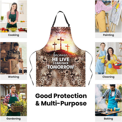 Jesuspirit | Religious Gift For Christians | Leopard Pattern And Cross | Because He Lives I Can Face Tomorrow | Apron With Neck Strap A03