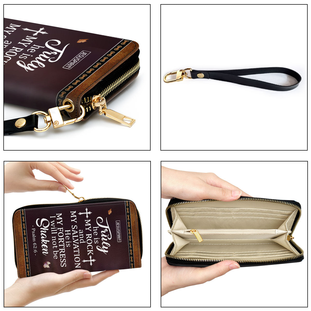 Jesuspirit | He Is My Fortress, I Will Not Be Shaken | Psalm 62:6 | Lion And Lamb | Gifts Scripture For Religious Women | Personalized Zippered Leather Clutch Purse NUM443C