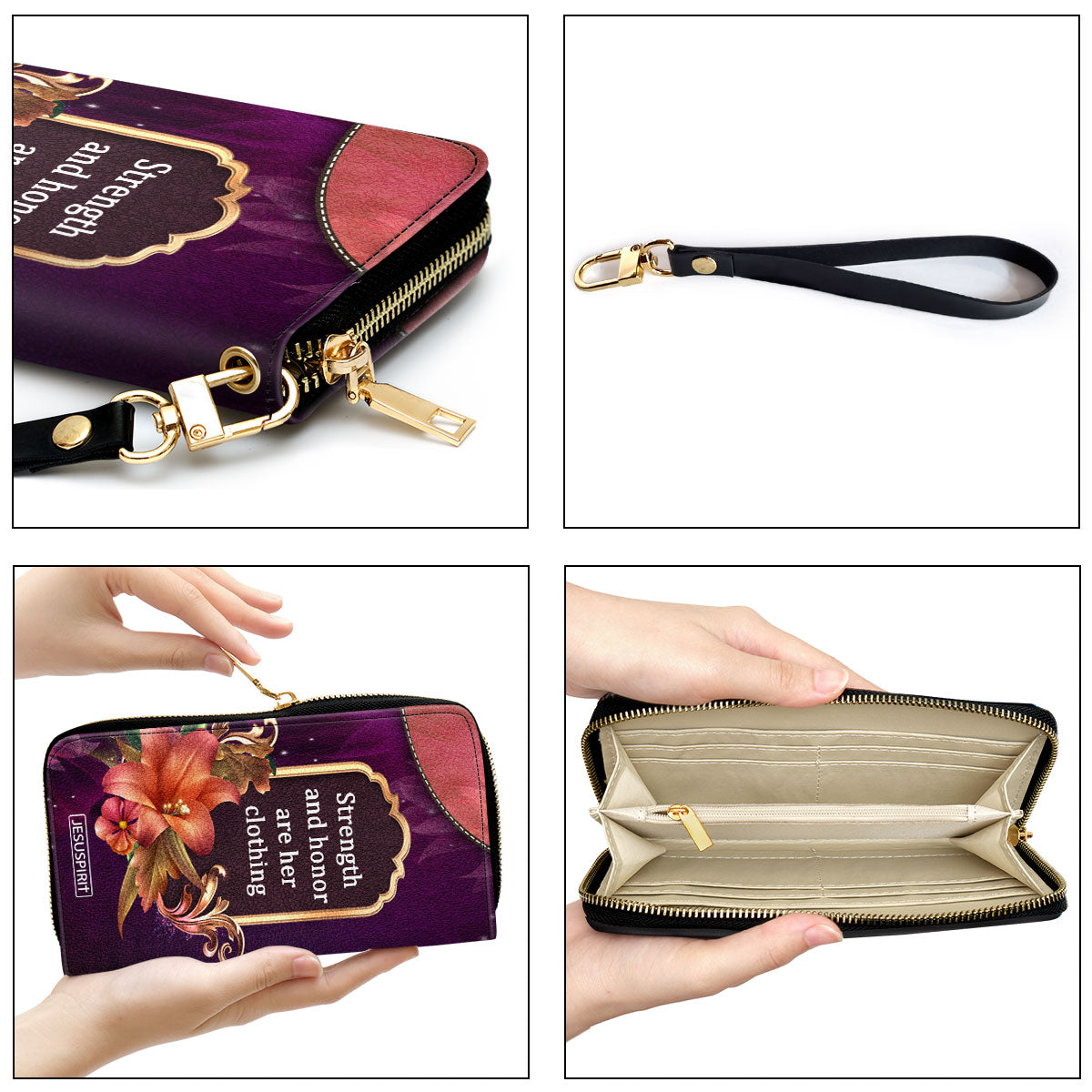 Jesuspirit | Unique Religious Gifts For Christian Mothers | Personalized Zippered Leather Clutch Purse | Strength And Honor Are Her Clothing NUM384C