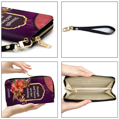 Jesuspirit | Unique Religious Gifts For Christian Mothers | Personalized Zippered Leather Clutch Purse | Strength And Honor Are Her Clothing NUM384C