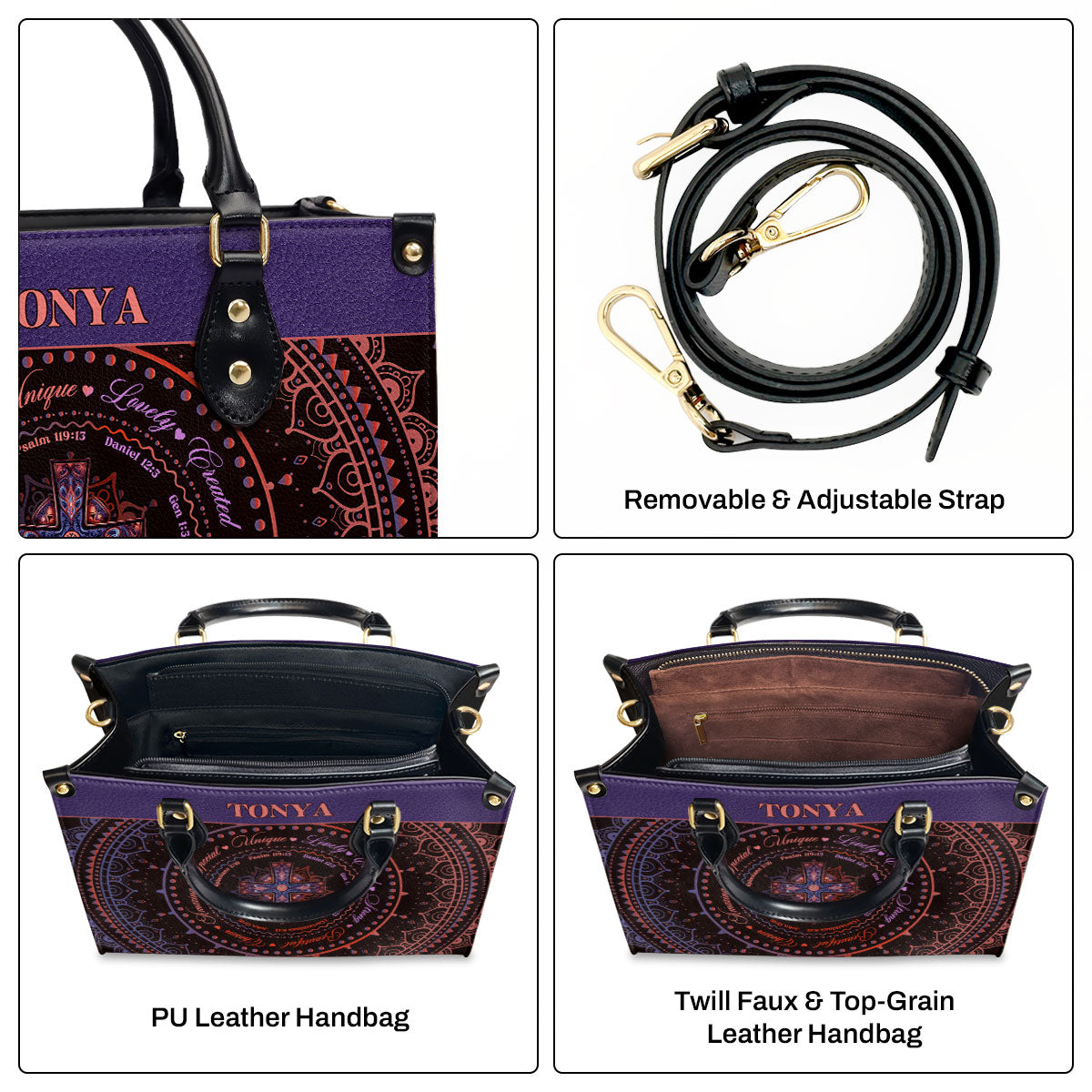Personalized Zippered Leather Handbag With Handle | I Am