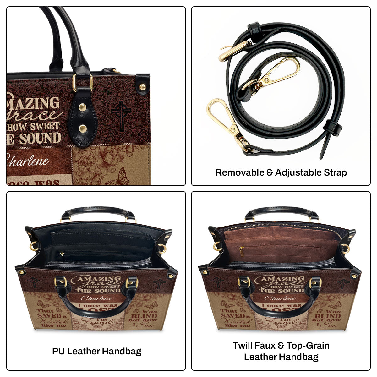 Jesuspirit | Personalized Leather Handbag With Zipper | Amazing Grace LHBM734