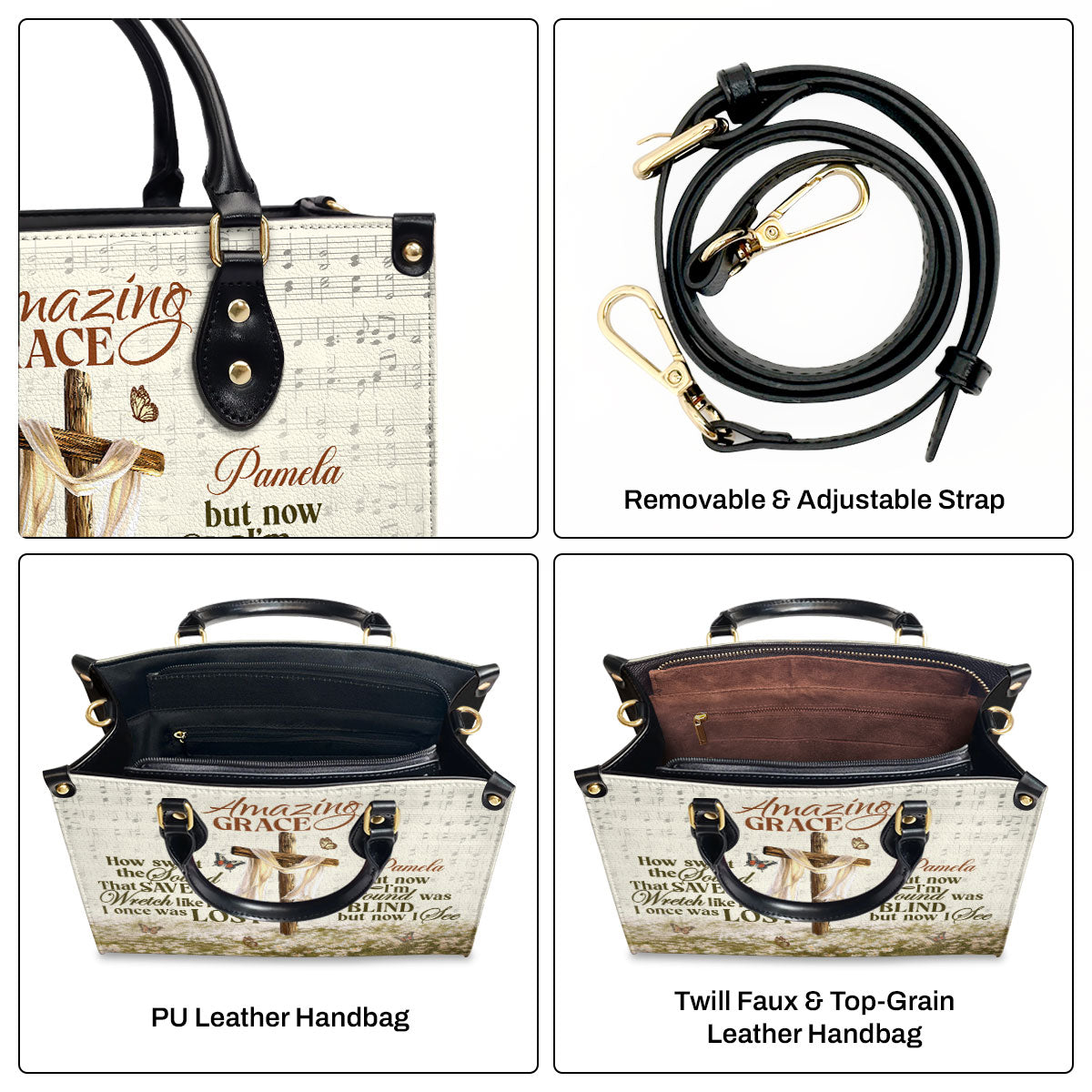 Jesuspirit | Personalized Leather Handbag With Zipper | Amazing Grace LHBM739