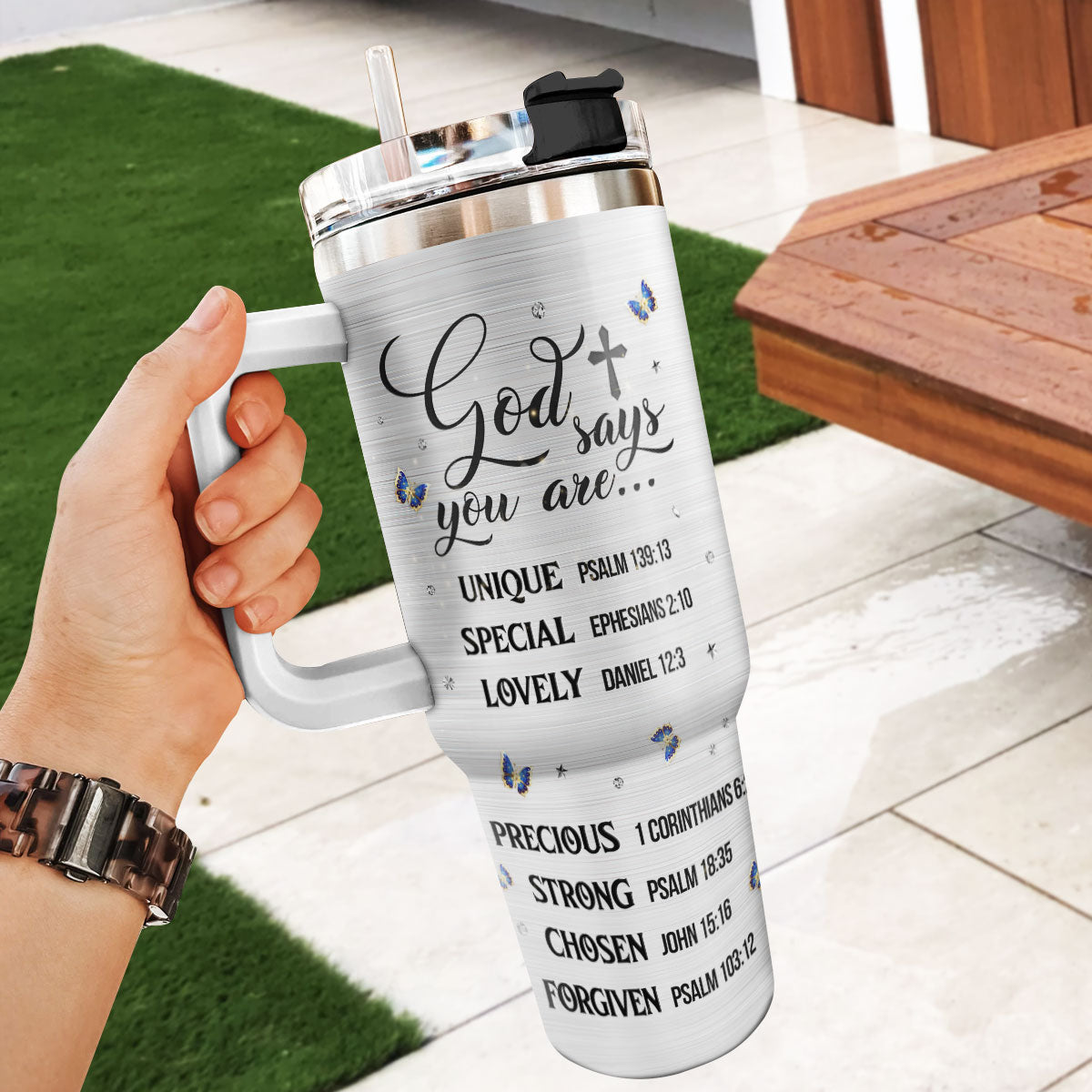 Lovely Personalized Floral Butterfly Stainless Steel Tumbler 20oz - God Says You Are Unique NUA153