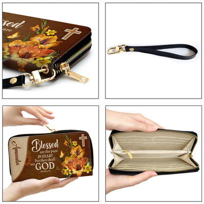 Jesuspirit | Personalized Zippered Leather Clutch Purse | Matthew 5:8 | Blessed Are The Pure In Heart | Gift For Christian Friends CPHN609