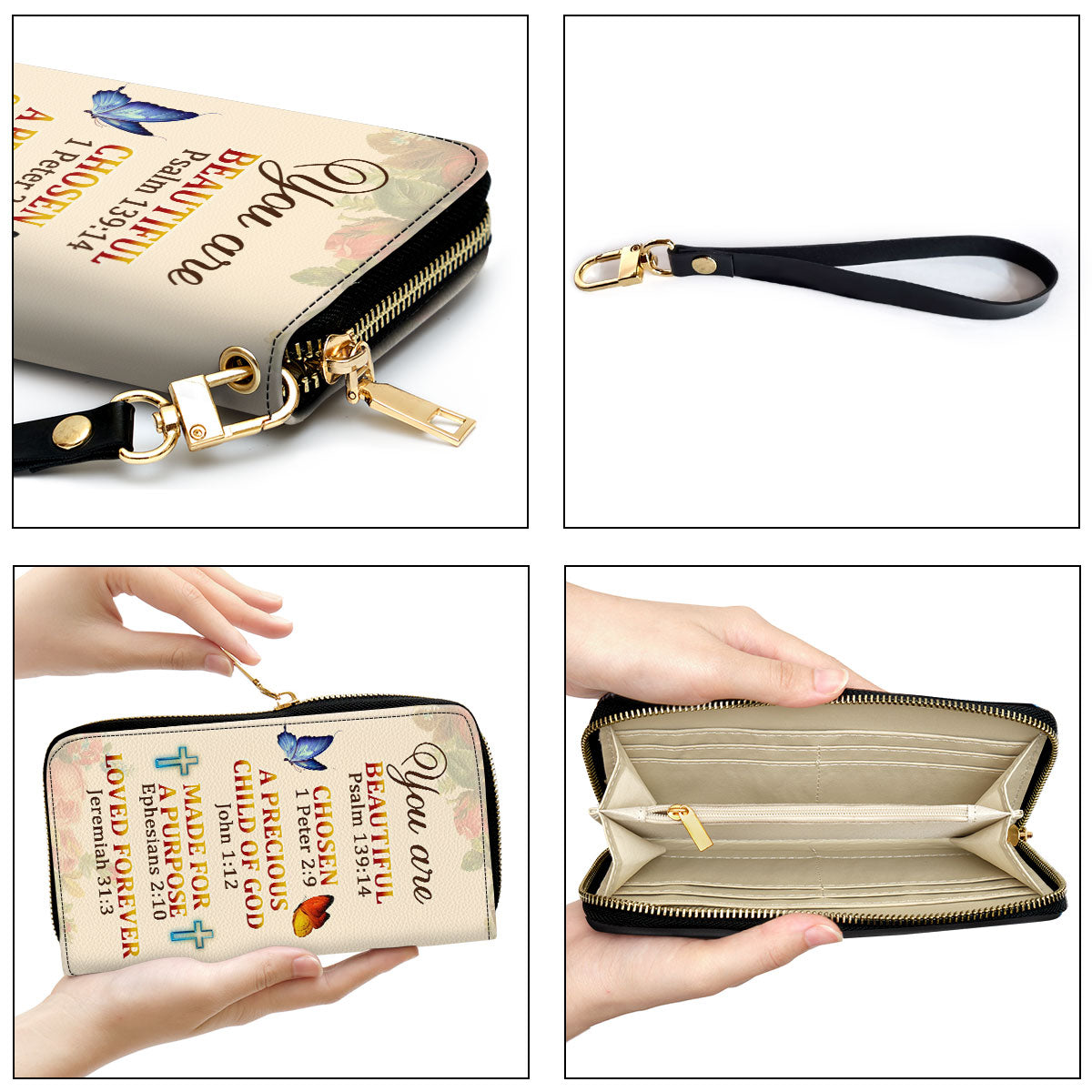 Jesuspirit | Personalized Leather Clutch Purse | A Precious Child Of God | Roses & Butterfly | Beautiful Gift For Christian Ladies CPM705