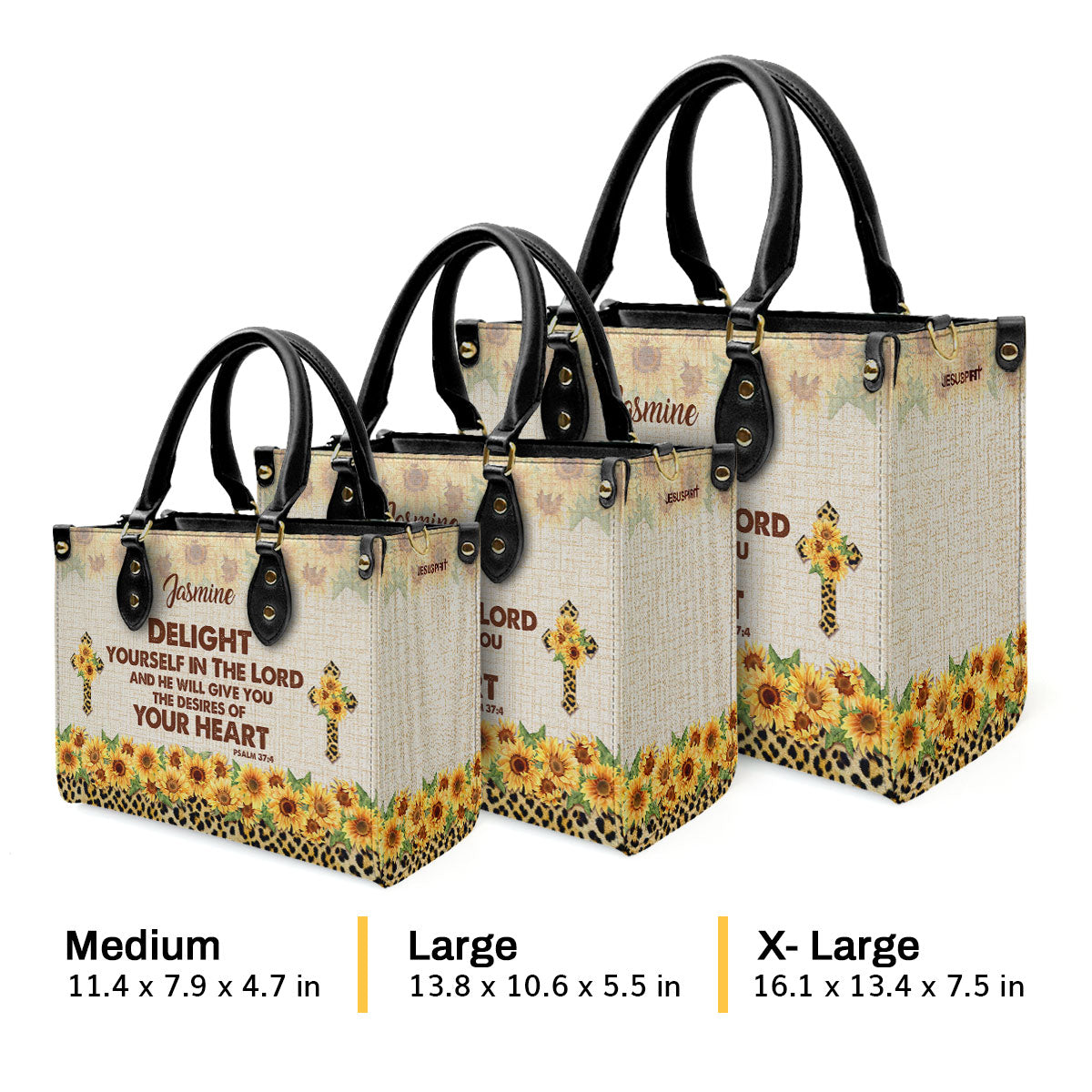 Jesuspirit | Personalized Leather Handbag With Handle | Delight Yourself In The Lord | Psalm 37:4 | Sunflower And Cross HN152