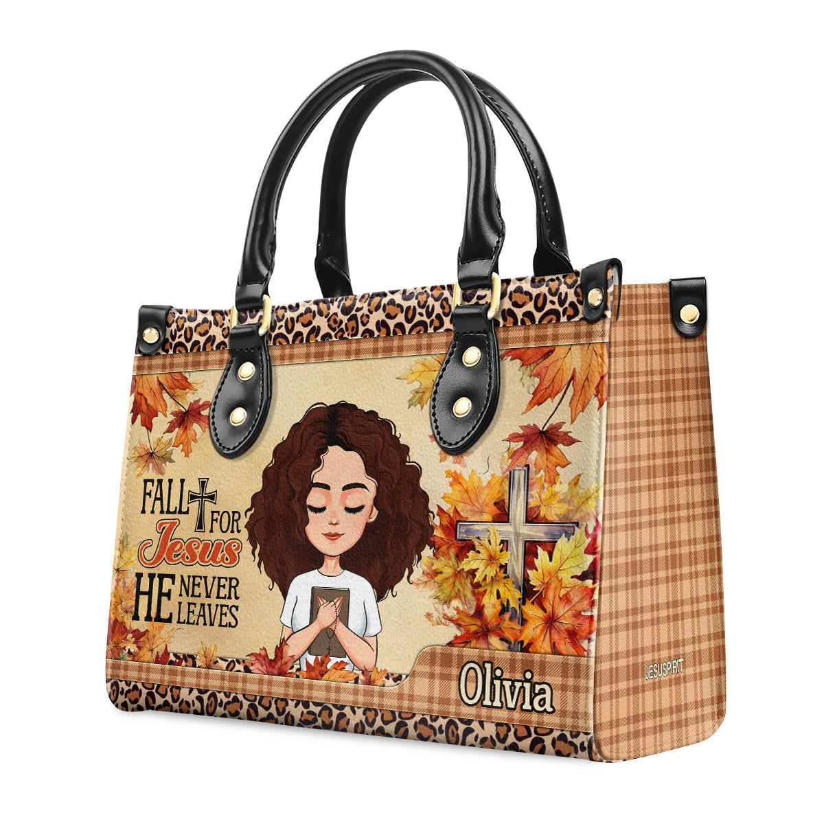 Fall For Jesus He Never Leaves | Personalized Leather Handbag JSLHBPT1276TA