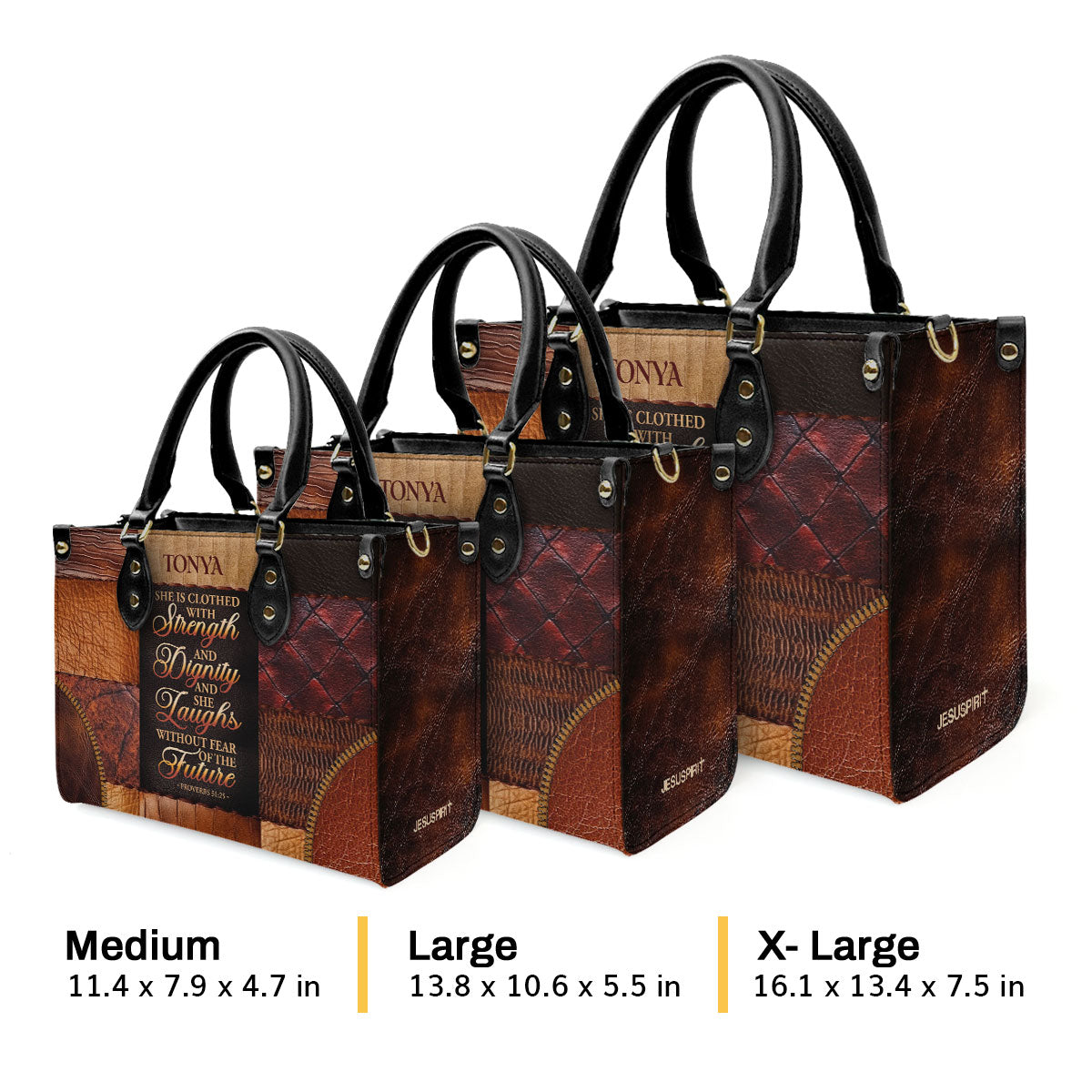 Jesuspirit | Personalized Leather Handbag With Zipper | She Is Clothed With Strength And Dignity And She Laughs Without Fear Of The Future LHBM790