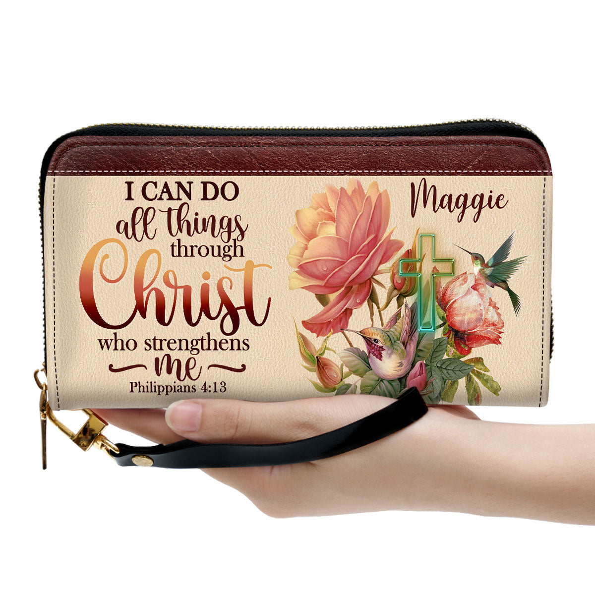 Jesuspirit | Personalized Leather Clutch Purse With Wristlet Strap Handle | Spiritual Gifts For Christian Women | I Can Do All Things Through Christ | Philippians 4:13 CPMM681