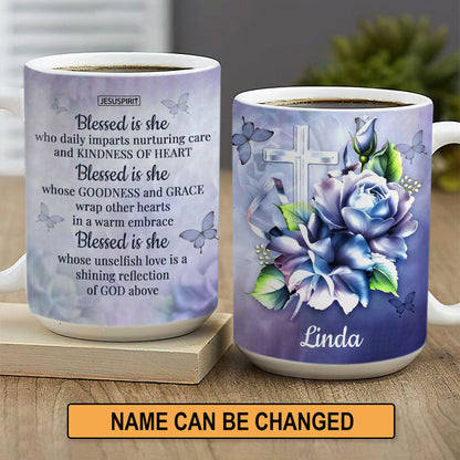 Gorgeous Personalized White Ceramic Mug - Blessed Is She Who Daily Imparts Nurturing Care