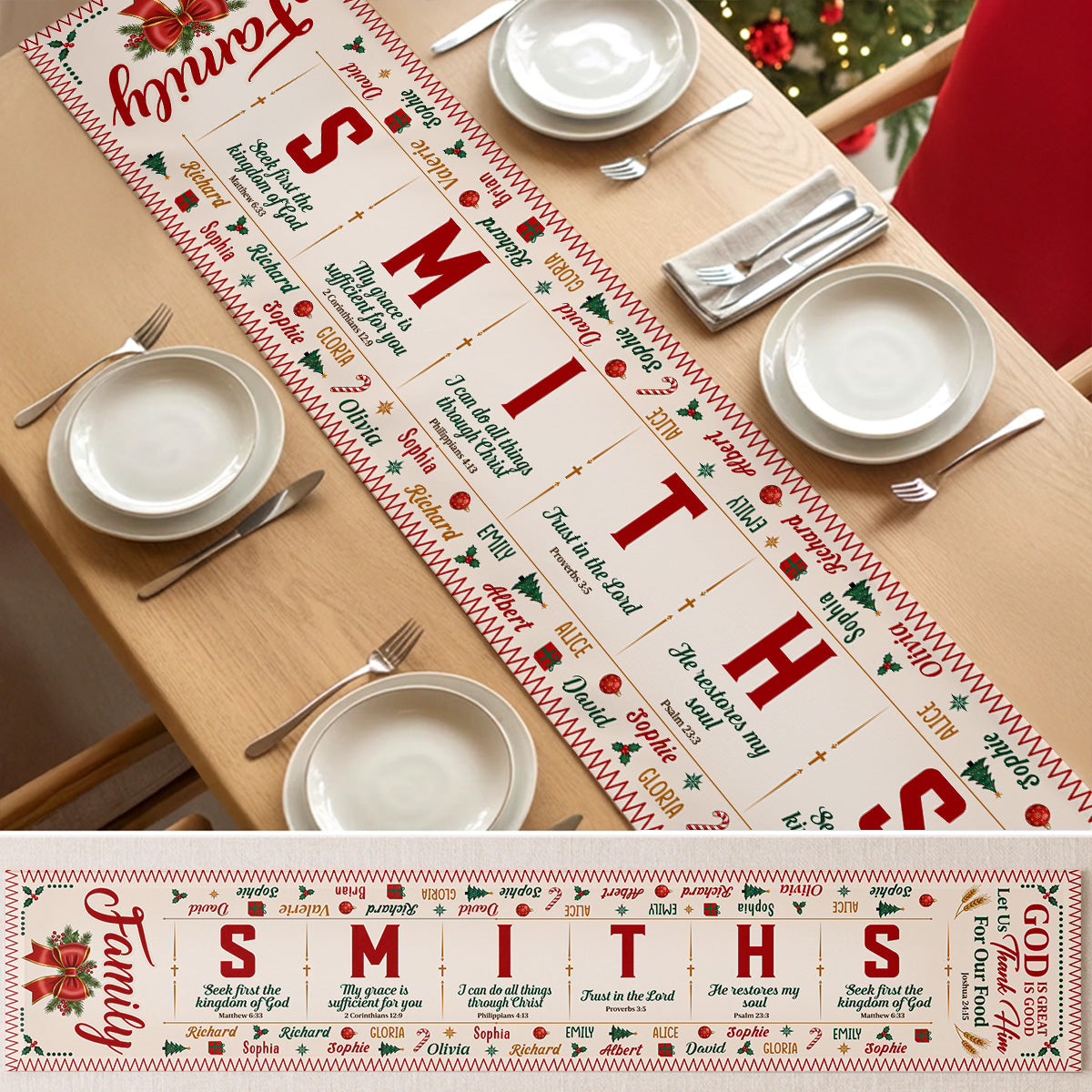 Custom Family Name Bible Verse Christmas | Personalized Table Runner