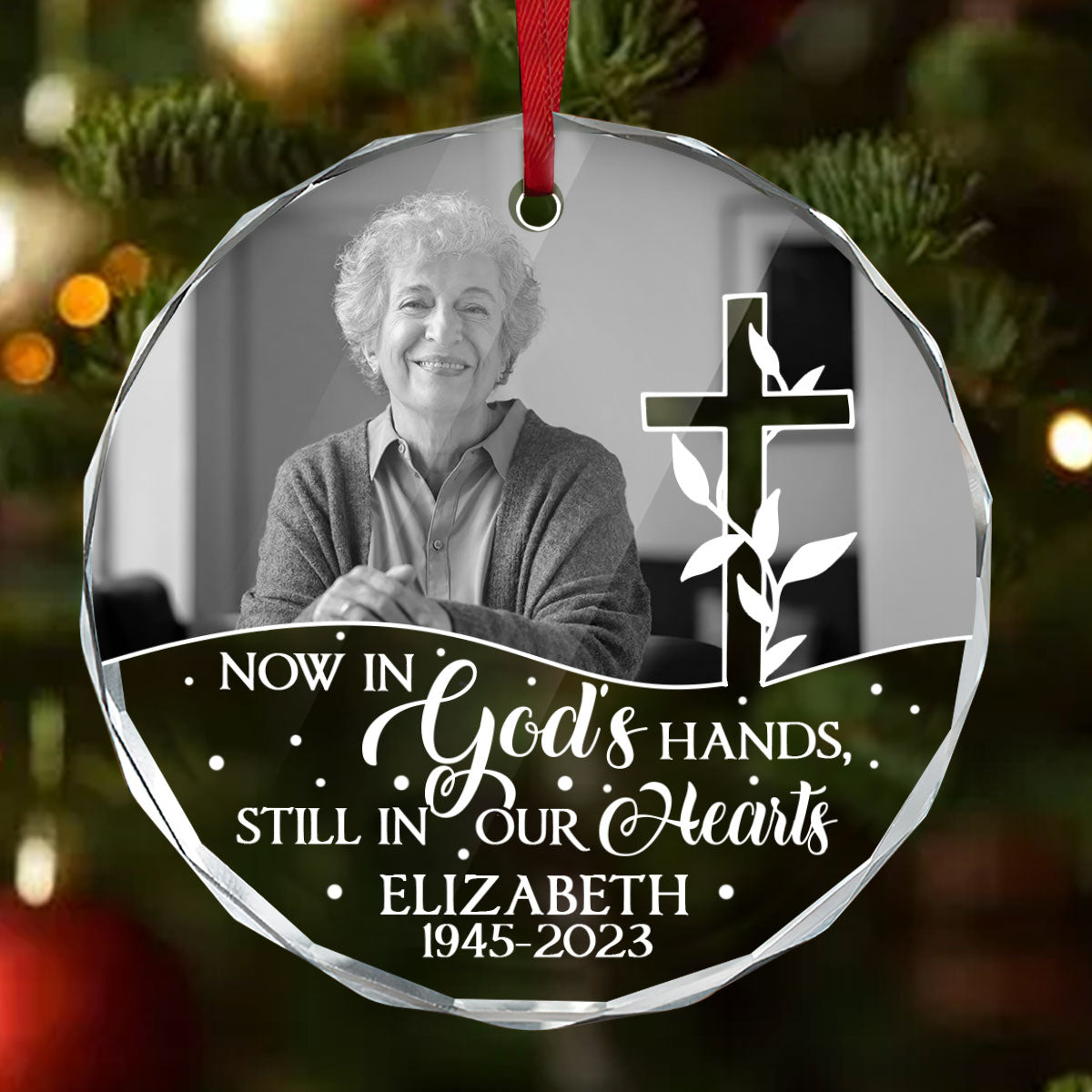 Now In God's Hands Still In Our Hearts | Personalized 1-Side Round Glass Ornament JSURGOPHLN2737TA