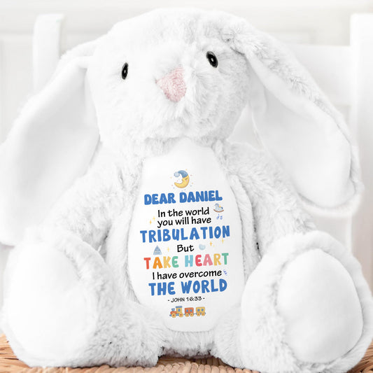 Take Heart And Overcome The World | Personalized Stuffed Bunny
