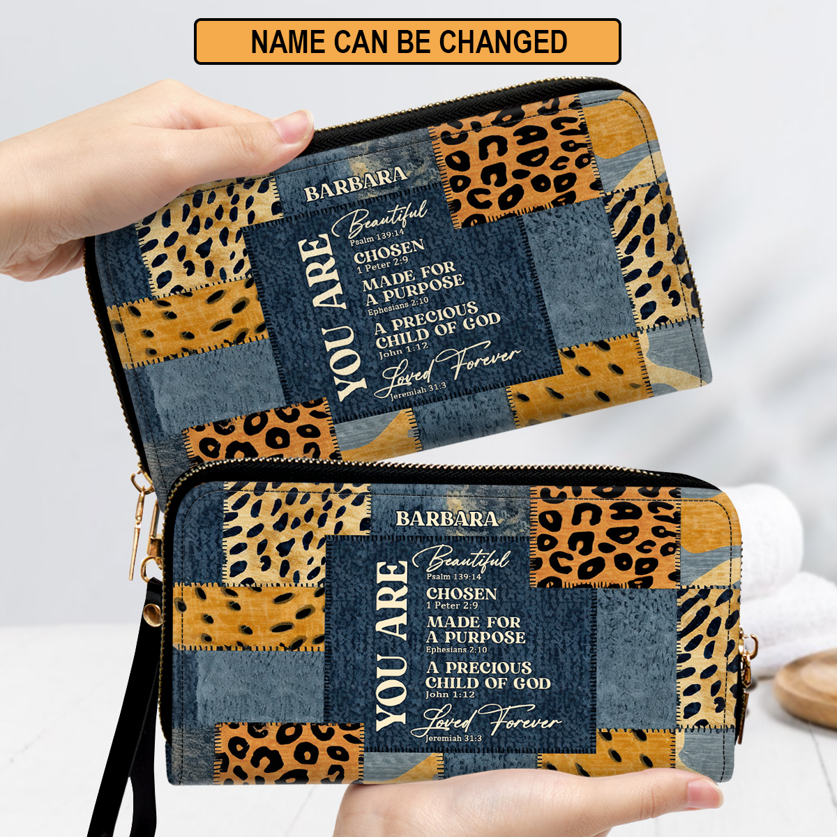 Personalized Leather Clutch Purse With Wristlet Strap Handle - You Are Beautiful