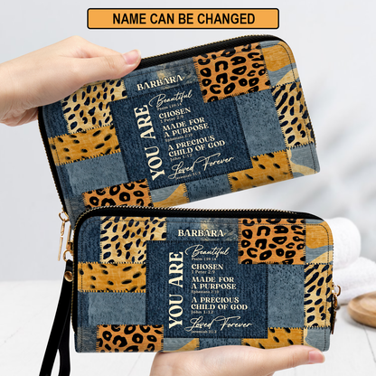 Personalized Leather Clutch Purse With Wristlet Strap Handle - You Are Beautiful