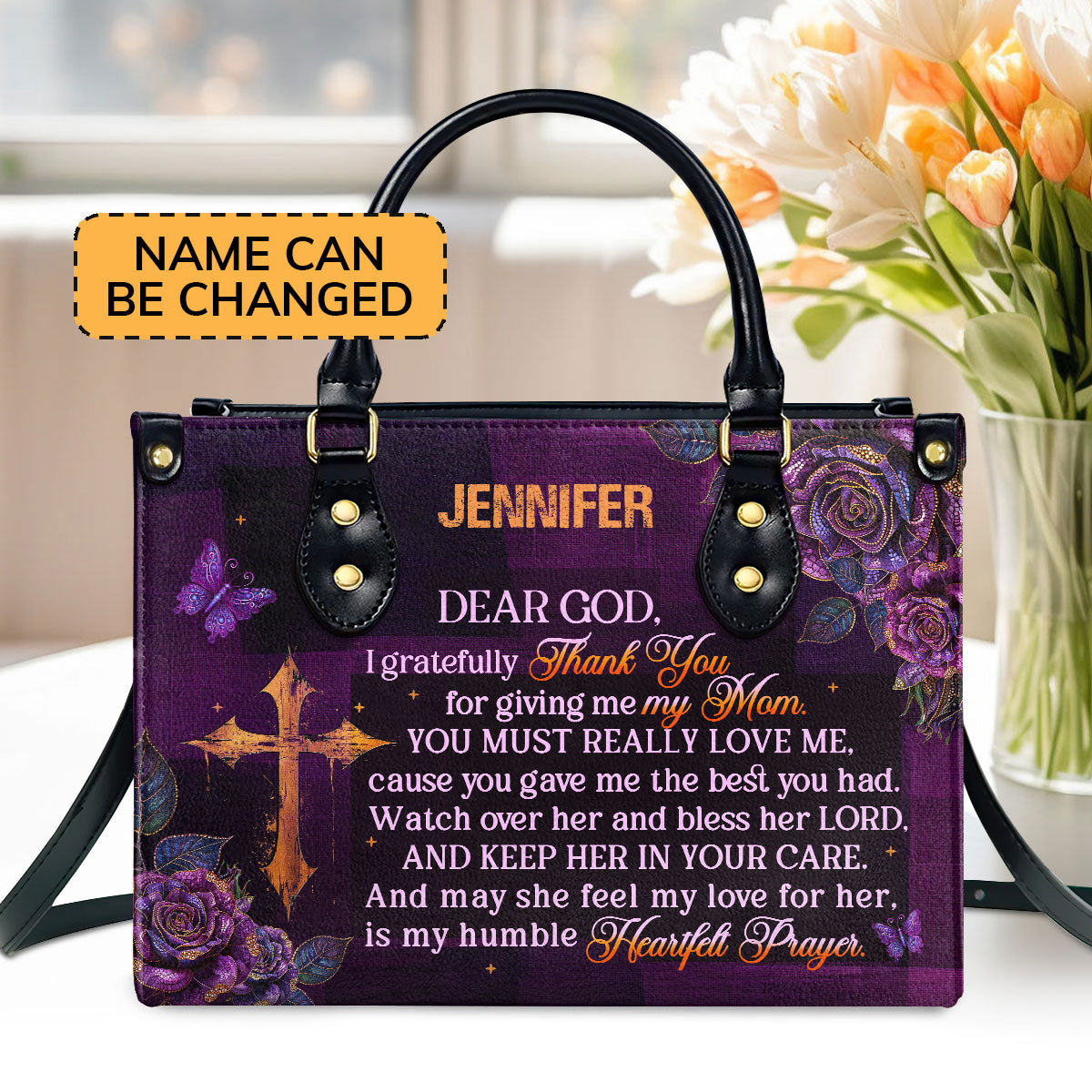 Jesuspirit | Personalized Leather Handbag With Zipper | I Gratefully For Giving Me My Mom LHBM788