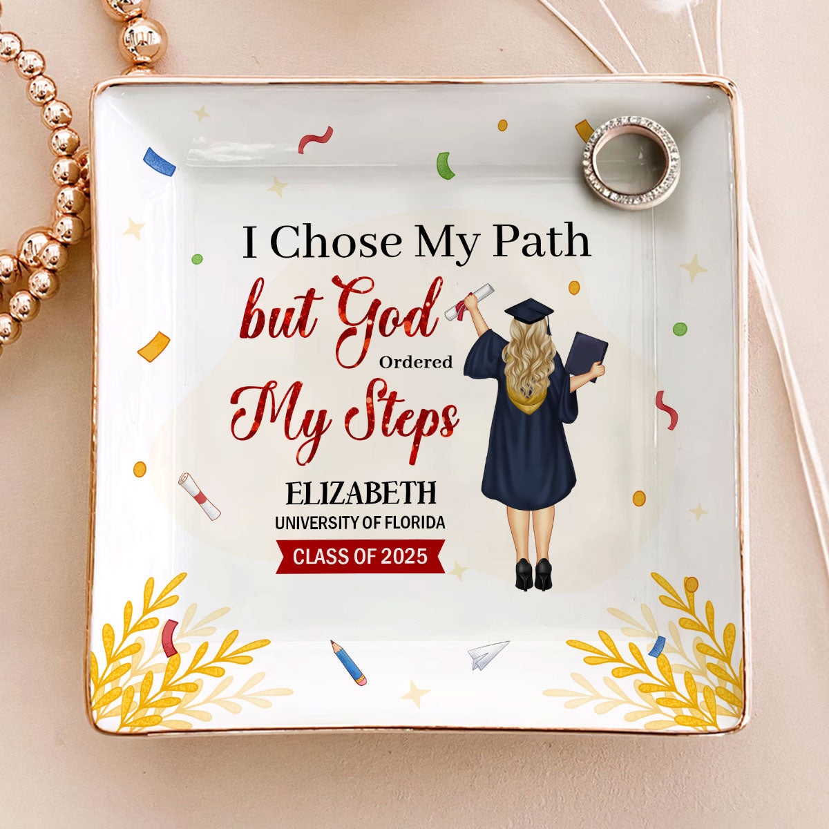 I Chose My Path But God Ordered My Steps | Personalized Ceramic Ring Dish Square