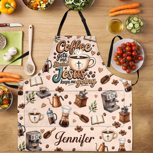 Coffee Gets Me Start Jesus Keeps Me Going | Personalized Apron With Pocket