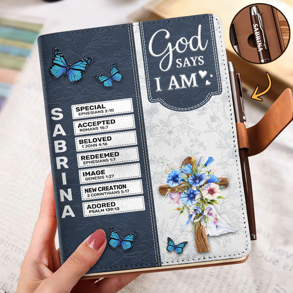 God Is Within Her She Will Not Fall  | Personalized Leather Notebook & Pen Set