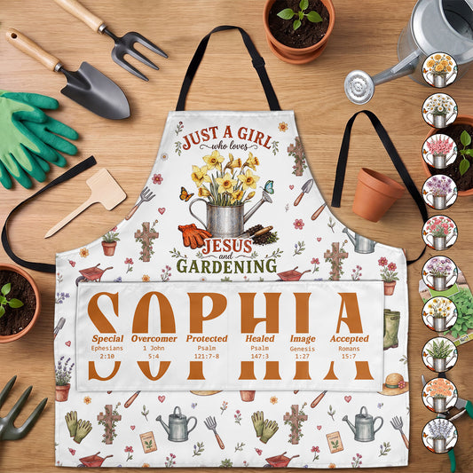 Just A Girl Who Loves Jesus And Gardening Birth Month Flower | Personalized Apron With Pocket