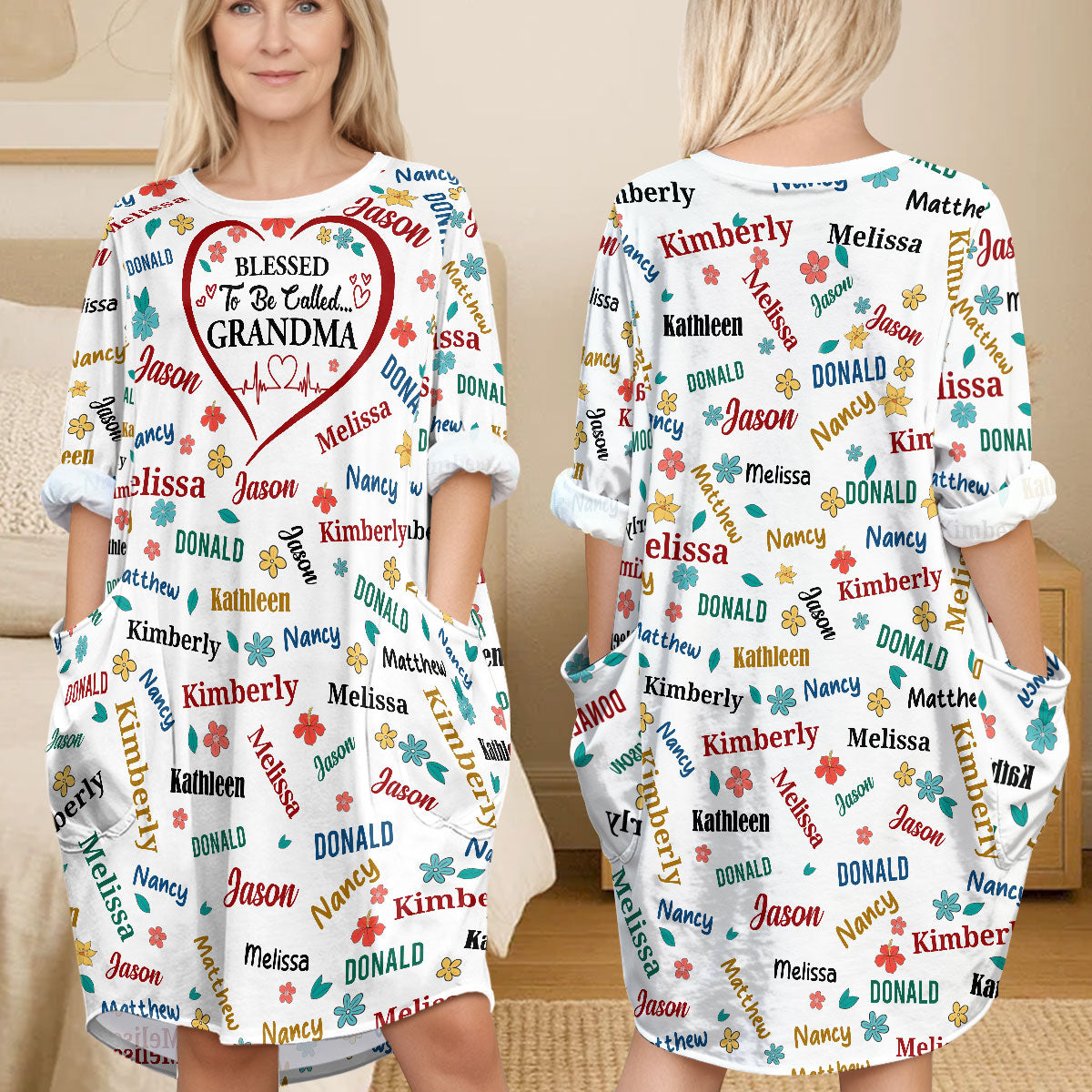 Blessed To Be Called Grandma | Personalized AOP Loose Pocket Oversize T-Shirt Dress