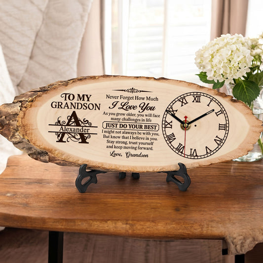 To My Grandson Never Forget How Much I Love You | Personalized Wooden Desk Clock