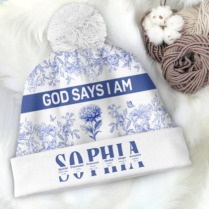 God Says I Am Toile De Jouy Style | Personalized Bobble Beanie Hat