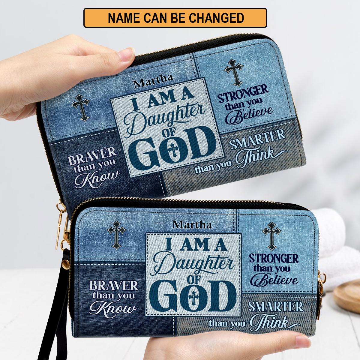 Personalized Leather Clutch Purse With Wristlet Strap Handle - Daughter Of God