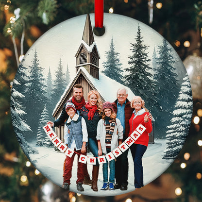 Family Christmas Church | Personalized Round Shaped Ceramic Ornament JSRSCOHLPA2666L