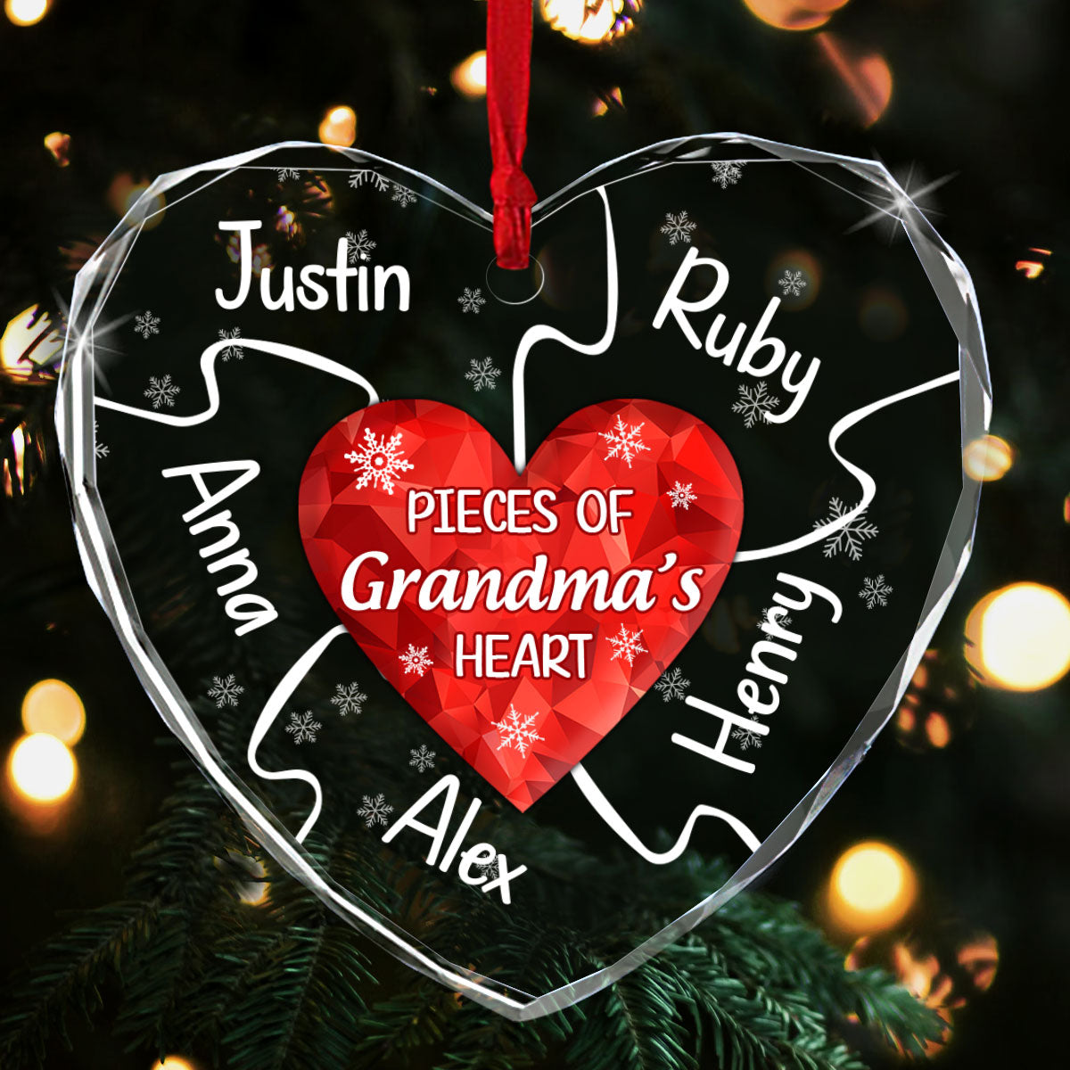 Pieces Of Grandma's Heart | Personalized Heart Shaped Glass Ornament JSHGOHLN2652D