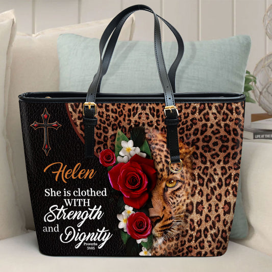 Jesuspirit | Personalized Large Leather Tote Bag With Shoulder Strap | Joshua 1:9 | Be Strong And Courageous | Religious Gifts For Christian Prayer LLTBM804