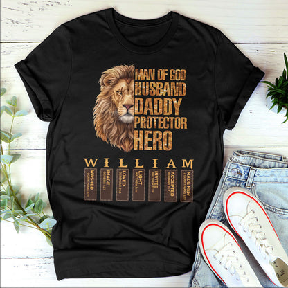 Man Of God Husband Daddy Protector Hero With Name Letter In Bible | Personalized 2D Unisex T-shirt